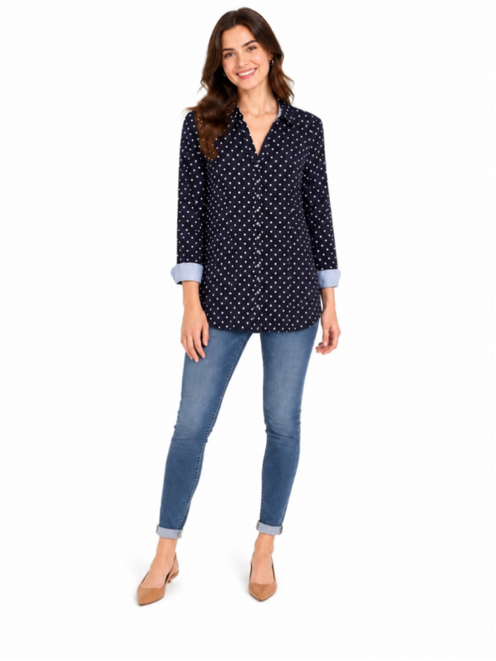 7th Avenue Design Studio Button Down Shirt, M Medium, Navy & White NWT